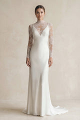 Illusion Neck Sheath Satin Appliqued Wedding Dress in White