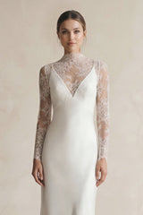 Illusion Neck Sheath Satin Appliqued Wedding Dress in White