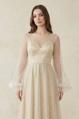 Illusion Neck Tulle A-Line Long Sleeve Wedding Dress With Pearl in White-Nude