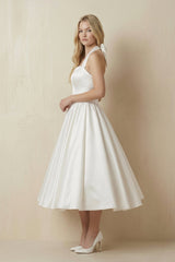 Ivory Halter Satin A-Line Midi Wedding Dress with Bow