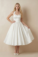Ivory Halter Satin A-Line Midi Wedding Dress with Bow