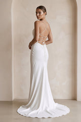 Ivory Satin Mermaid Lace-up Back Wedding Dress in White