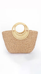 Summer Day Bamboo Handle Straw Bag - Khaki
