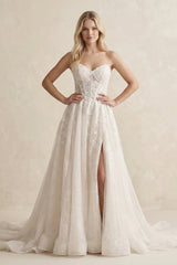 Lace A-Line Sweetheart Corset Wedding Dress With Slit in Ivory