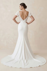 Lace Cap Sleeve Satin V-Neck Mermaid Wedding Dress in White