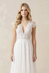 Lace Cap Sleeve V-Neck A-Line Tulle Wedding Dress in White