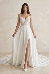 Lace Chiffon A-Line Off-the-Shoulder Wedding Dress in White