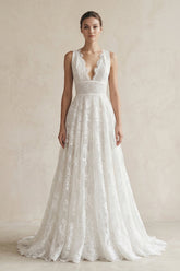 Lace Deep V-Neck A-Line Wedding Dress in White