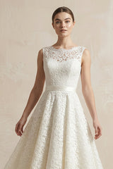 Lace Illusion Neck Lace A-Line Midi Wedding Dress in White