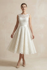 Lace Illusion Neck Lace A-Line Midi Wedding Dress in White