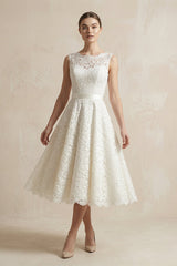 Lace Illusion Neck Lace A-Line Midi Wedding Dress in White