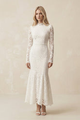 Lace Mermaid High-Neck Midi Wedding Dress With Long Sleeves in Ivory