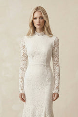 Lace Mermaid High-Neck Midi Wedding Dress With Long Sleeves in Ivory