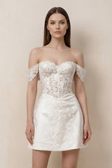 Lace Sheath A-Line Off-the-Shoulder Mini Wedding Dress in White