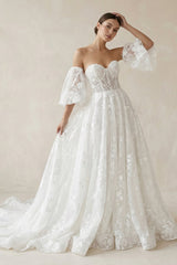 Lace Sweetheart A-Line Corset Wedding Dress With Sleeves in White