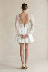 Lace V-Neck A-Line Satin Wedding Dress With Long Sleeves in White