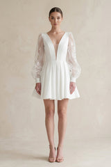 Lace V-Neck A-Line Satin Wedding Dress With Long Sleeves in White