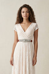 Lace V-Neck A-Line Cap Sleeve Wedding Dress With Belt in Ivory