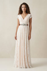 Lace V-Neck A-Line Cap Sleeve Wedding Dress With Belt in Ivory