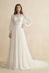 Long Sleeve A Line Wedding Dress With Appliques in Ivory