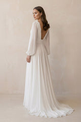 Long Sleeves V-Neck Chiffon Wedding Dress With Slit