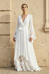 Long Sleeves V Neck Lace Wedding Dress in White