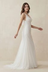 Mermaid Cowl Neck Tulle Wedding Dress in White