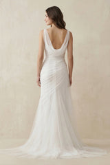 Mermaid Cowl Neck Tulle Wedding Dress in White