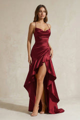 Mermaid High-Low Satin Ruffled Long Prom Dress in Burgundy