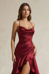 Mermaid High-Low Satin Ruffled Long Prom Dress in Burgundy