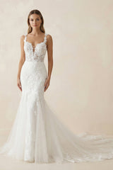 Mermaid Lace Spaghetti Straps Wedding Dress in White