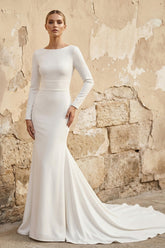 Mermaid Long Sleeves Satin Wedding Dress in Ivory