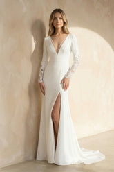 Mermaid Long Sleeves Satin V-Neck Wedding Dress