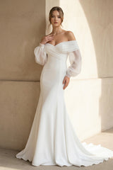 Mermaid Off The Shoulder Satin Wedding Dress in White