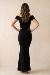 Mermaid Off-The-Shoulder Stretch Satin Pleated Maxi Dress in Black