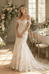 Mermaid Off The Shoulder Tulle Wedding Dress in Champagne