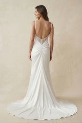 Mermaid Satin Ruched Cowl Neck Wedding Dress with Slit in White