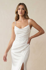 Mermaid Satin Ruched Cowl Neck Wedding Dress with Slit in White