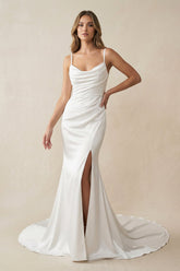 Mermaid Satin Ruched Cowl Neck Wedding Dress with Slit in White