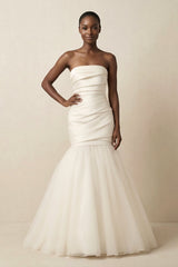 Mermaid Satin Strapless Pleated Wedding Dress in White