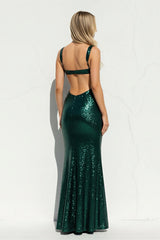 Mermaid Sequins Maxi Dress With Cutout in Emerald Green