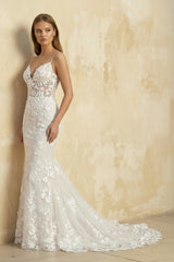 Mermaid Spaghetti Straps Lace Wedding Dress in Ivory