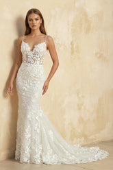 Mermaid Spaghetti Straps Lace Wedding Dress in Ivory