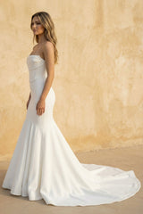 Mermaid Strapless Satin Wedding Dress in White