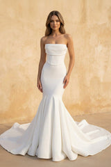 Mermaid Strapless Satin Wedding Dress in White