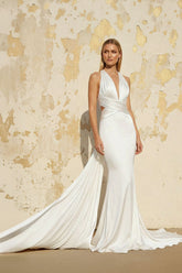 Mermaid V Neck Satin Wedding Dress in White