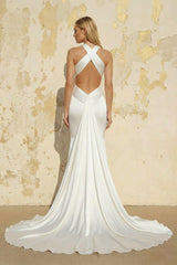 Mermaid V Neck Satin Wedding Dress in White