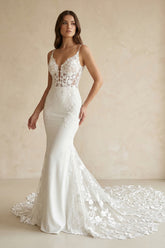 Mermaid V Neck Satin Wedding Dress With Appliques in White
