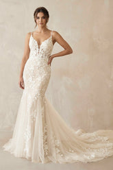 Ivory Mermaid Spaghetti Straps Wedding Dresses with Appliques