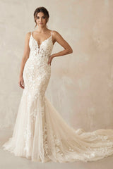 Ivory Mermaid Spaghetti Straps Wedding Dresses with Appliques